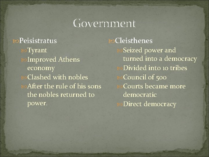Government Peisistratus Tyrant Improved Athens economy Clashed with nobles After the rule of his
