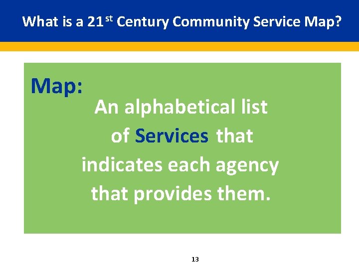 What is a 21 st Century Community Service Map? Map: An alphabetical list of