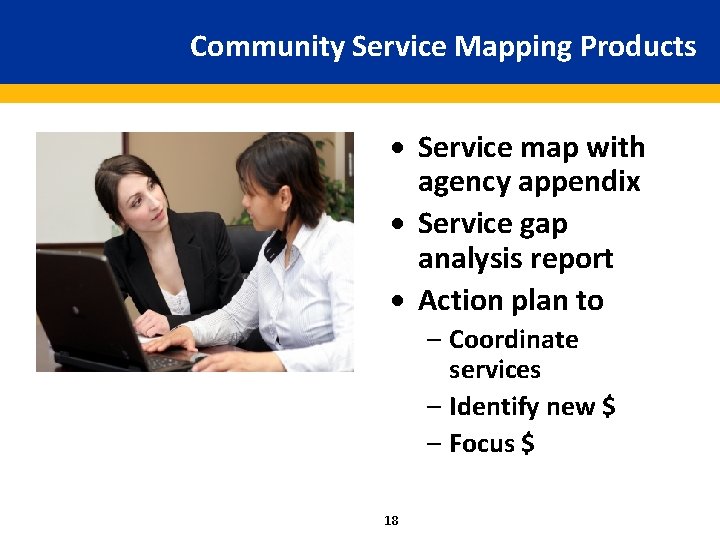 Community Service Mapping Products · Service map with agency appendix · Service gap analysis