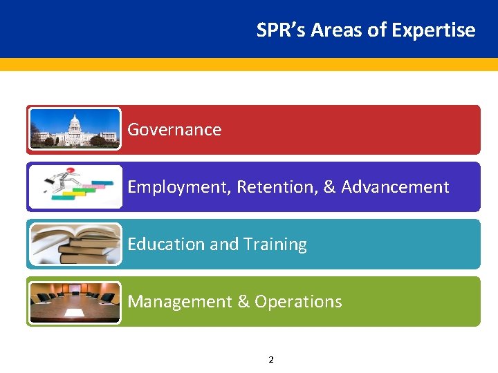 SPR’s Areas of Expertise Governance Employment, Retention, & Advancement Education and Training Management &