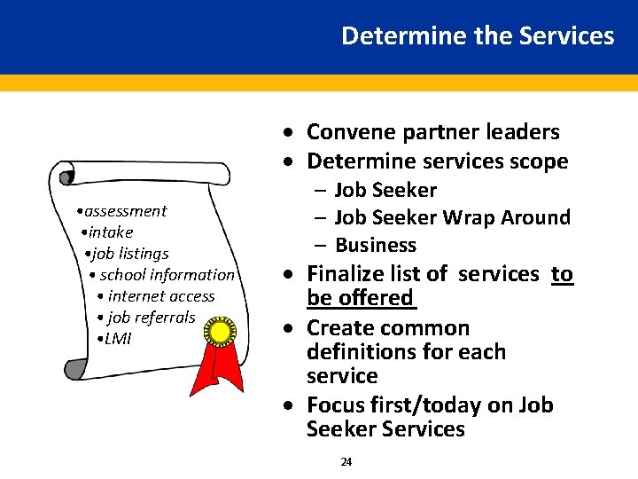 Determine the Services · Convene partner leaders · Determine services scope • assessment •