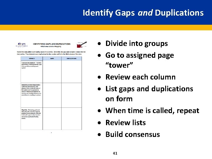 Identify Gaps and Duplications · Divide into groups · Go to assigned page “tower”