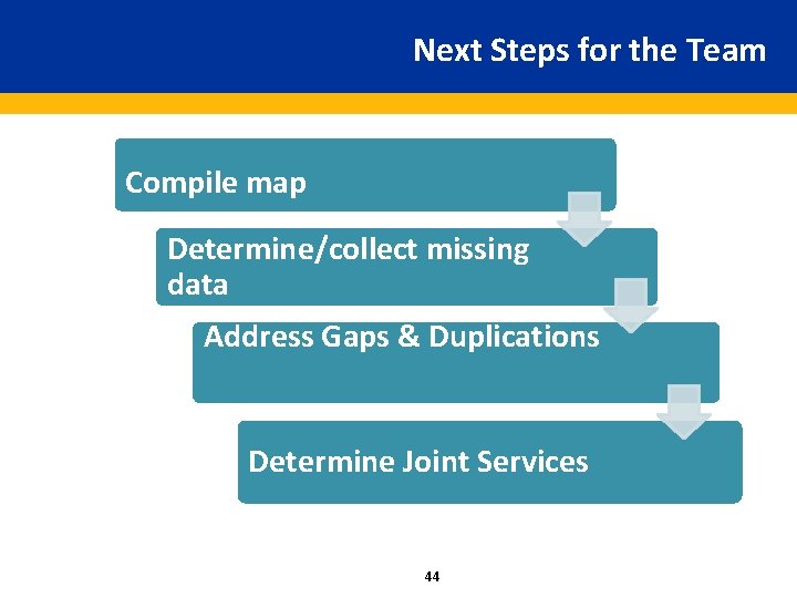 Next Steps for the Team Compile map Determine/collect missing data Address Gaps & Duplications