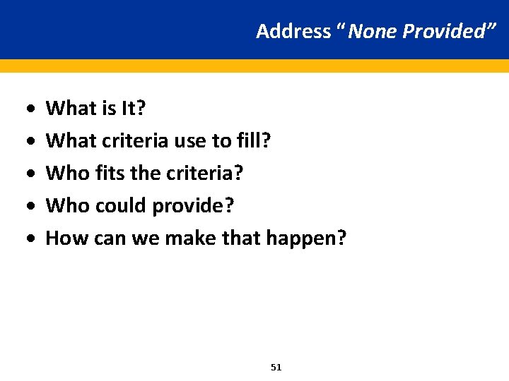 Address “None Provided” · · · What is It? What criteria use to fill?