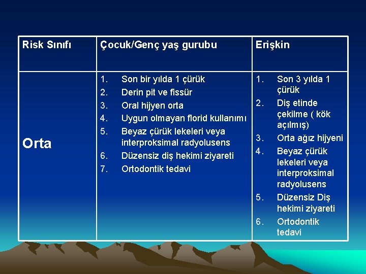 Risk Sınıfı Orta Çocuk/Genç yaş gurubu Erişkin 1. 2. 3. 4. 5. 1. 6.