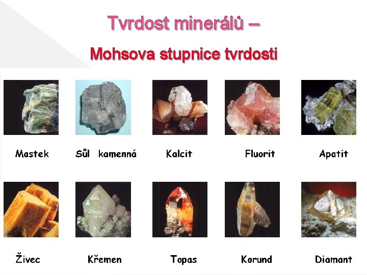 Tvrdost minerálů – Mohsova stupnice tvrdosti 