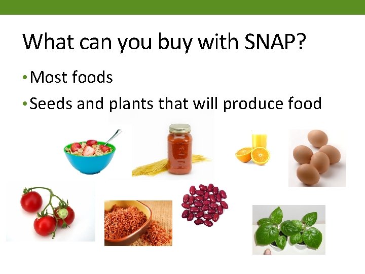 What can you buy with SNAP? • Most foods • Seeds and plants that