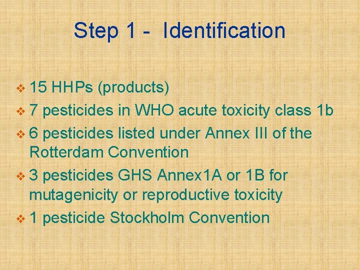 Step 1 - Identification v 15 HHPs (products) v 7 pesticides in WHO acute