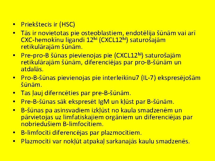  • Priekštecis ir (HSC) • Tās ir novietotas pie osteoblastiem, endotēlija šūnām vai