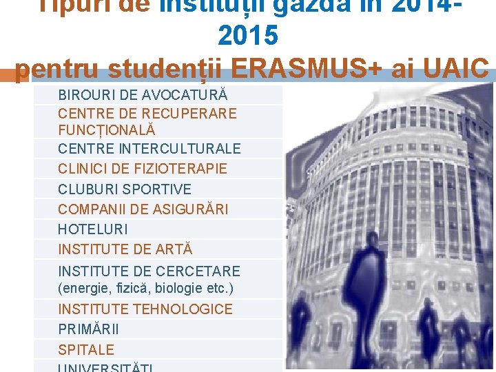 Tipuri de instituții gazdă în 20142015 pentru studenții ERASMUS+ ai UAIC BIROURI DE AVOCATURĂ