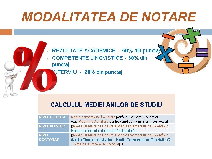 MODALITATEA DE NOTARE ü ü ü REZULTATE ACADEMICE - 50% din punctaj COMPETENȚE LINGVISTICE