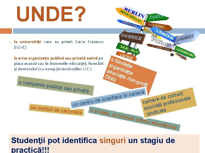 UNDE? • • la universități care au primit Carta Erasmus (ECHE) la orice organizație