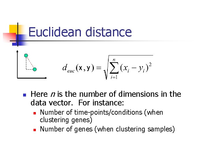 Euclidean distance n Here n is the number of dimensions in the data vector.