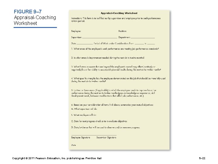 FIGURE 9– 7 Appraisal-Coaching Worksheet Copyright © 2011 Pearson Education, Inc. publishing as Prentice