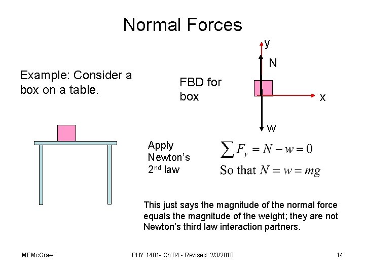 Normal Forces y Example: Consider a box on a table. N FBD for box