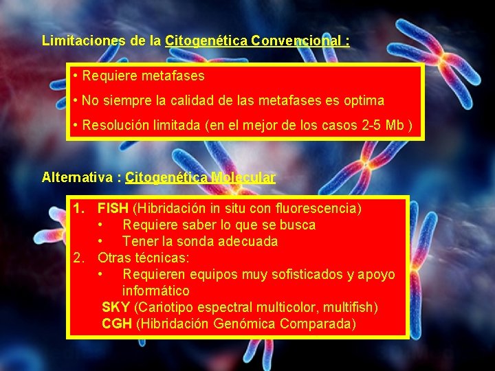 Limitaciones de la Citogenética Convencional : • Requiere metafases • No siempre la calidad Limitaciones de la Citogenética Convencional : • Requiere metafases • No siempre la calidad