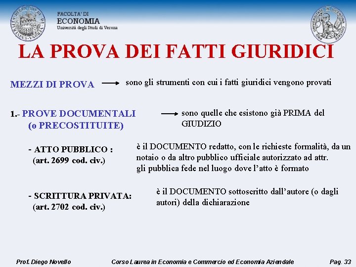 LA PROVA DEI FATTI GIURIDICI sono gli strumenti con cui i fatti giuridici vengono