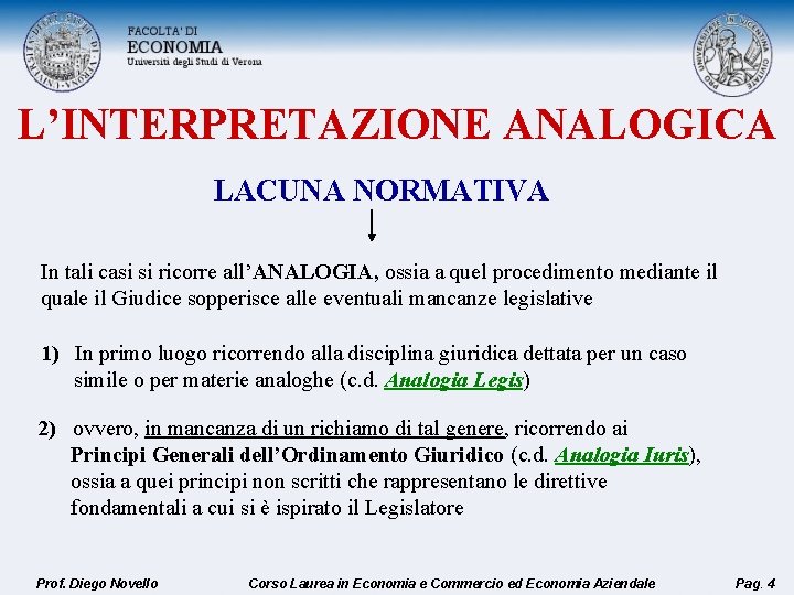 L’INTERPRETAZIONE ANALOGICA LACUNA NORMATIVA In tali casi si ricorre all’ANALOGIA, ossia a quel procedimento