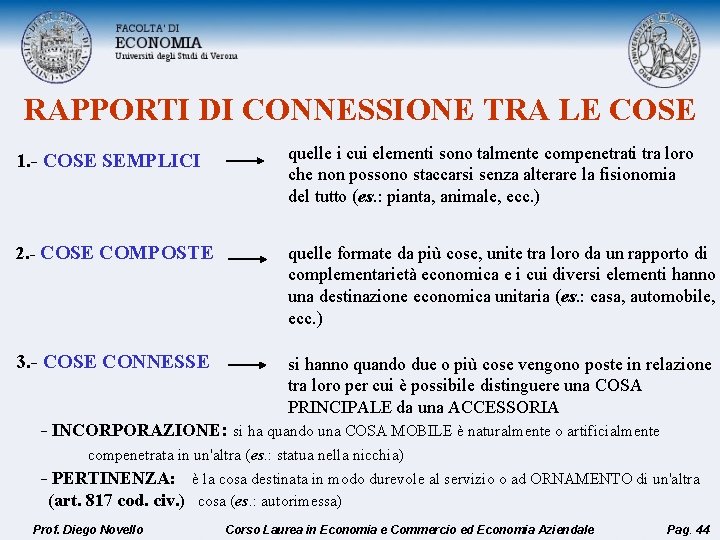 RAPPORTI DI CONNESSIONE TRA LE COSE 1. - COSE SEMPLICI quelle i cui elementi