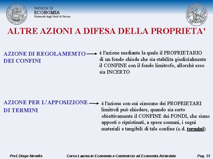 ALTRE AZIONI A DIFESA DELLA PROPRIETA' AZIONE DI REGOLAMEMTO DEI CONFINI AZIONE PER L'APPOSIZIONE