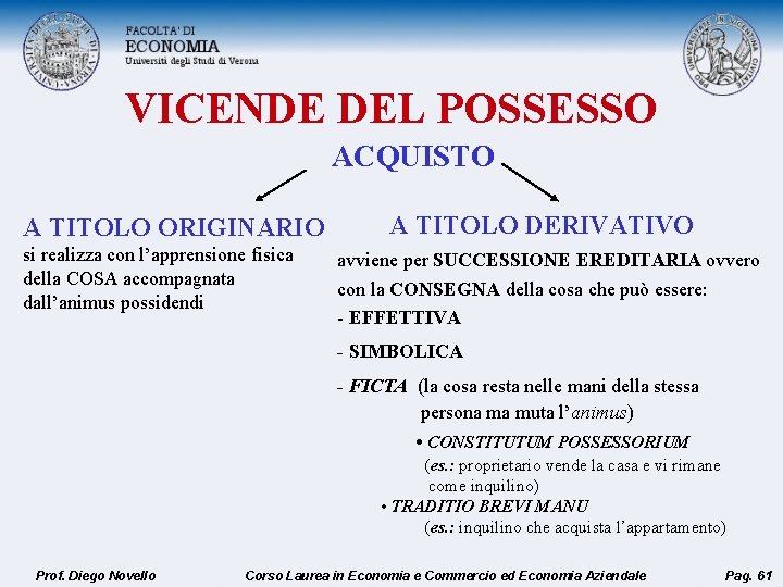 VICENDE DEL POSSESSO ACQUISTO A TITOLO ORIGINARIO si realizza con l’apprensione fisica della COSA