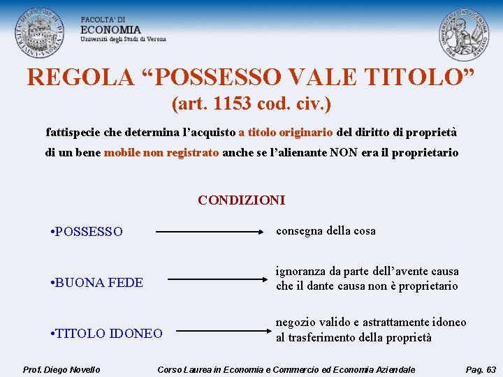 REGOLA “POSSESSO VALE TITOLO” (art. 1153 cod. civ. ) fattispecie che determina l’acquisto a