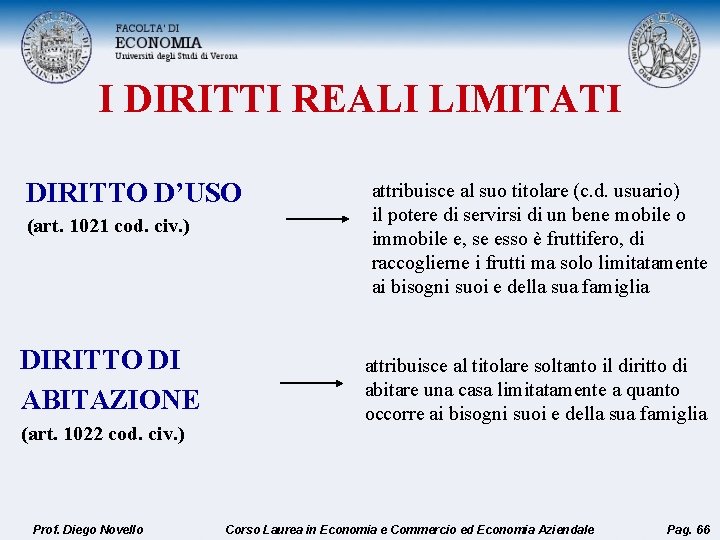 I DIRITTI REALI LIMITATI DIRITTO D’USO (art. 1021 cod. civ. ) DIRITTO DI ABITAZIONE