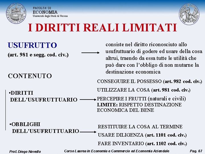 I DIRITTI REALI LIMITATI USUFRUTTO (art. 981 e segg. cod. civ. ) CONTENUTO consiste