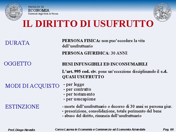 IL DIRITTO DI USUFRUTTO DURATA PERSONA FISICA: non puo’eccedere la vita dell’usufruttuario PERSONA GIURIDICA: