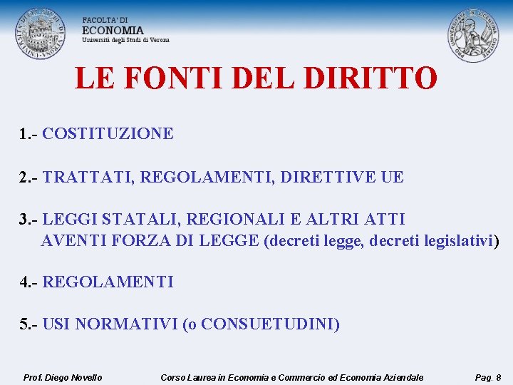 LE FONTI DEL DIRITTO 1. - COSTITUZIONE 2. - TRATTATI, REGOLAMENTI, DIRETTIVE UE 3.