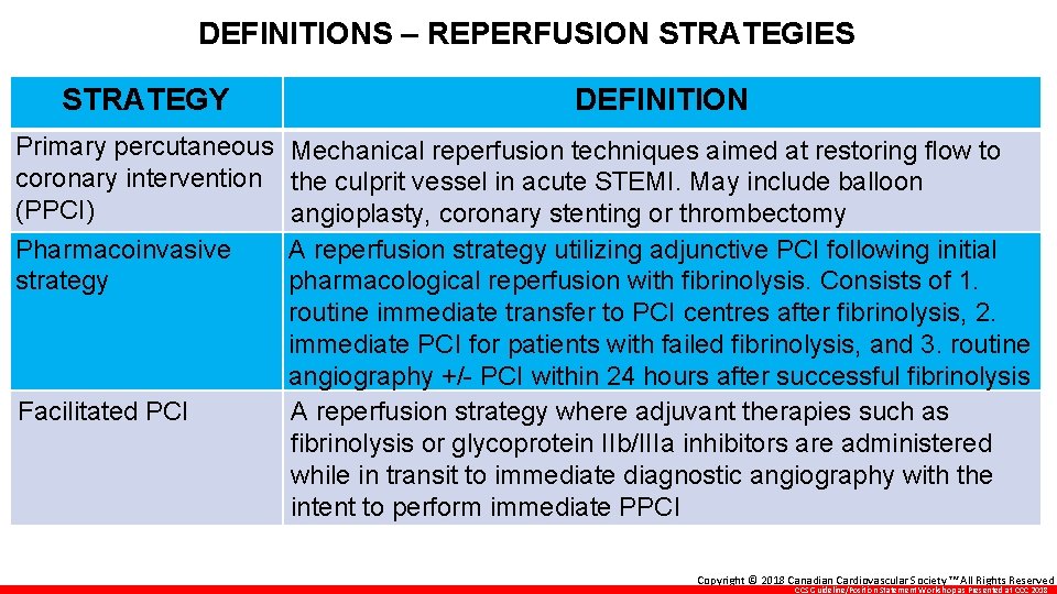 DEFINITIONS – REPERFUSION STRATEGIES STRATEGY DEFINITION Primary percutaneous Mechanical reperfusion techniques aimed at restoring