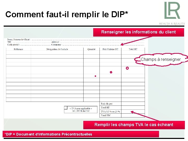 Comment faut-il remplir le DIP* Renseigner les informations du client Champs à renseigner Remplir