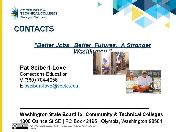 CONTACTS "Better Jobs. Better Futures. A Stronger Washington. " Pat Seibert-Love Corrections Education V