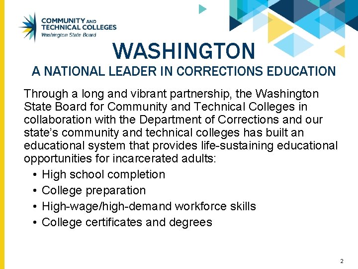 WASHINGTON A NATIONAL LEADER IN CORRECTIONS EDUCATION Through a long and vibrant partnership, the