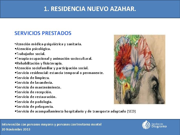 1. RESIDENCIA NUEVO AZAHAR. SERVICIOS PRESTADOS • Atención médica-psiquiátrica y sanitaria. • Atención psicológica.