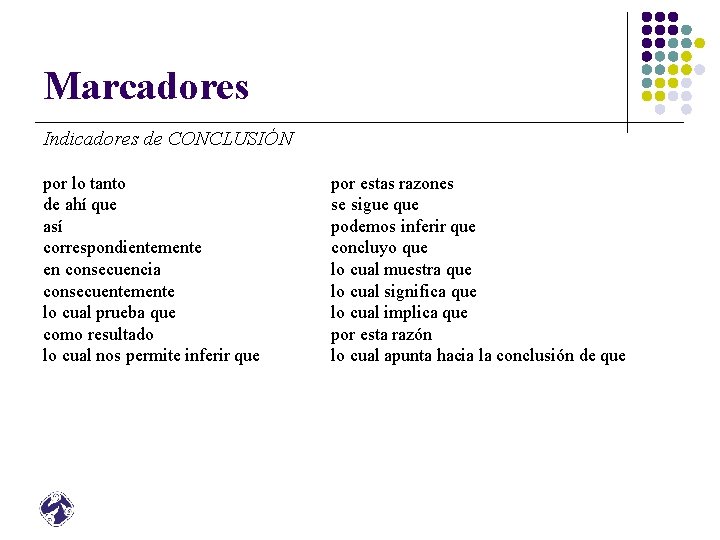 Marcadores Indicadores de CONCLUSIÓN por lo tanto de ahí que así correspondientemente en consecuencia Marcadores Indicadores de CONCLUSIÓN por lo tanto de ahí que así correspondientemente en consecuencia