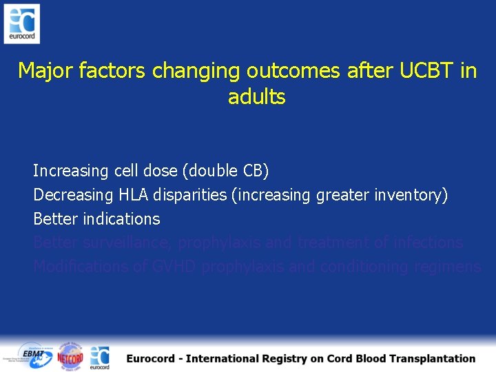 Major factors changing outcomes after UCBT in adults Increasing cell dose (double CB) Decreasing