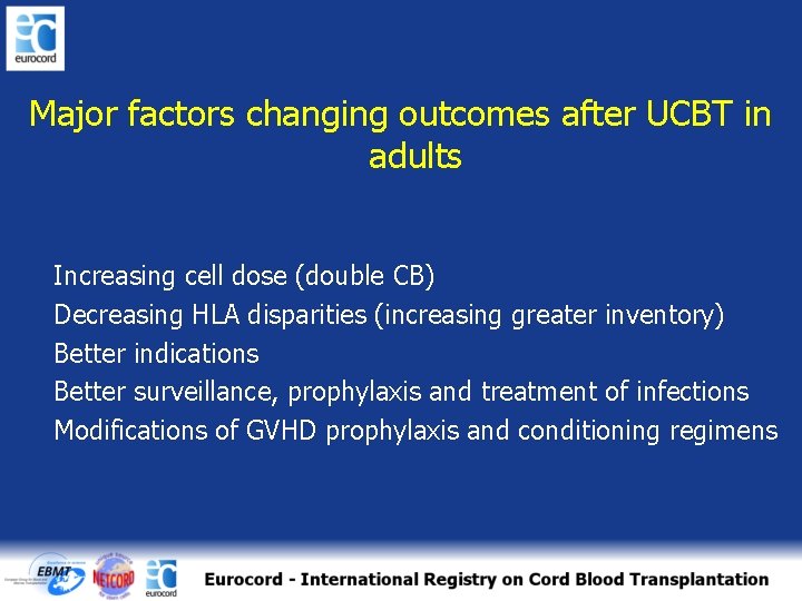 Major factors changing outcomes after UCBT in adults Increasing cell dose (double CB) Decreasing