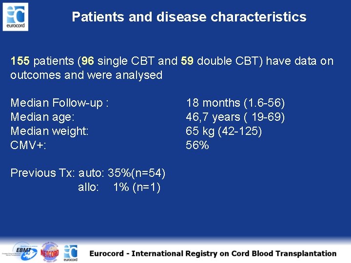 Patients and disease characteristics 155 patients (96 single CBT and 59 double CBT) have