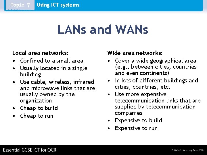 Using ICT systems LANs and WANs Local area networks: • Confined to a small