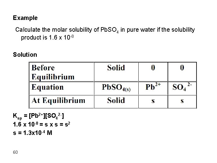 Example Calculate the molar solubility of Pb. SO 4 in pure water if the