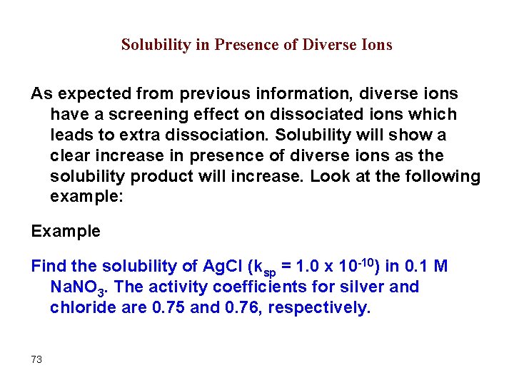 Solubility in Presence of Diverse Ions As expected from previous information, diverse ions have