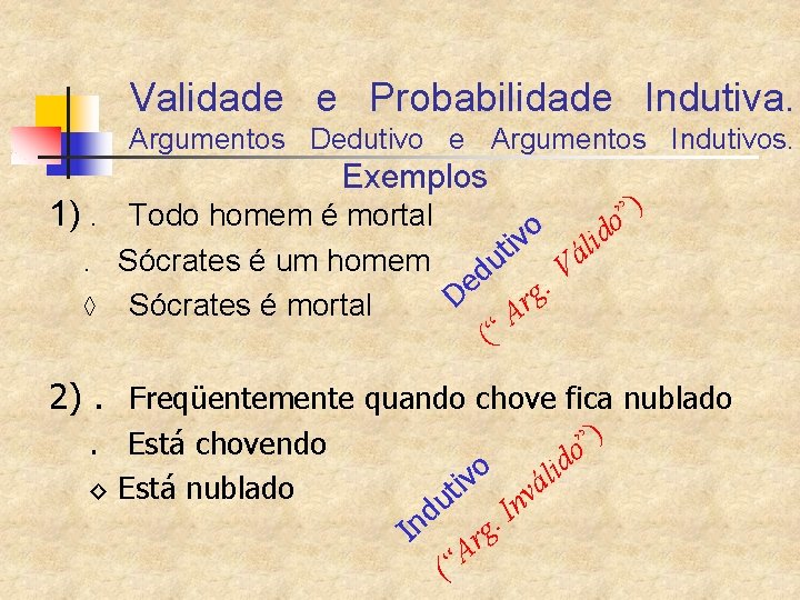 Validade e Probabilidade Indutiva. Argumentos Dedutivo e Argumentos Indutivos. Exemplos 1). Todo homem é