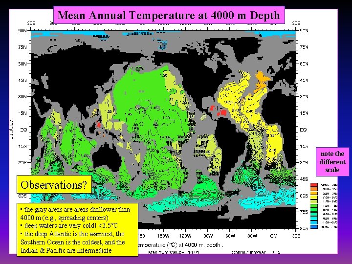 Mean Annual Temperature at 4000 m Depth note the different scale Observations? • the