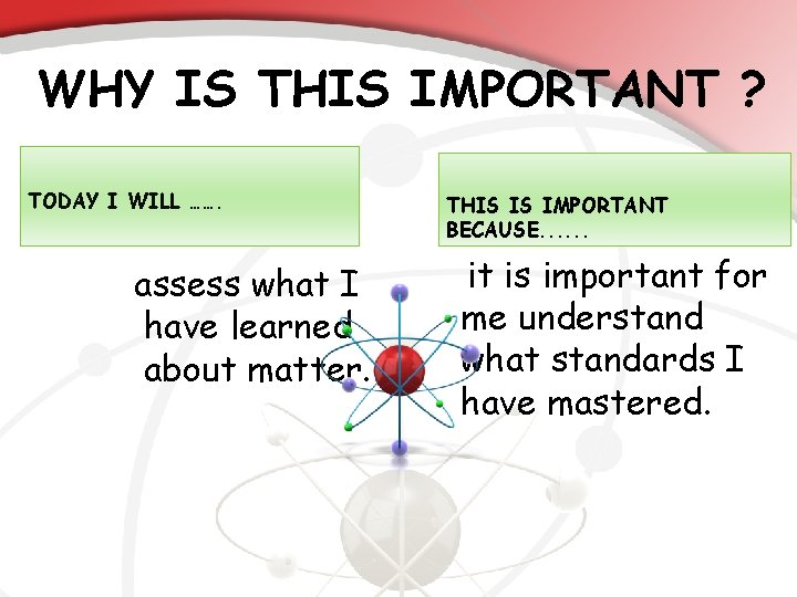 WHY IS THIS IMPORTANT ? TODAY I WILL ……. assess what I have learned