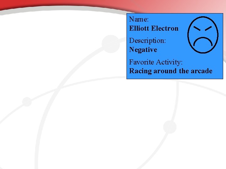 Name: Elliott Electron Description: Negative Favorite Activity: Racing around the arcade 