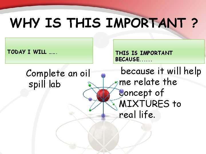 WHY IS THIS IMPORTANT ? TODAY I WILL ……. Complete an oil spill lab