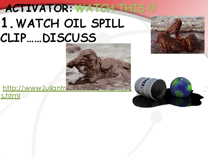 ACTIVATOR: WATCH THIS !!! 1. WATCH OIL SPILL CLIP……DISCUSS http: //www. juliantrubin. com/fairprojects/environment/oilspill s.
