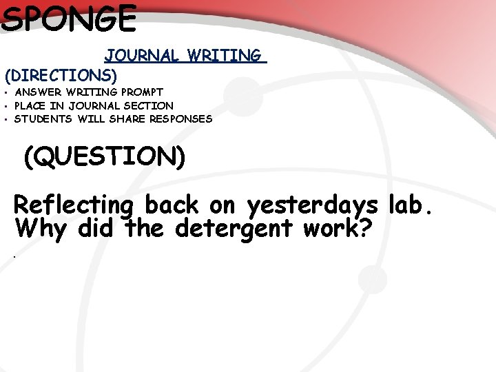 SPONGE JOURNAL WRITING (DIRECTIONS) • • • ANSWER WRITING PROMPT PLACE IN JOURNAL SECTION