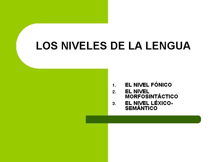 LOS NIVELES DE LA LENGUA 1. 2. 3. EL NIVEL FÓNICO EL NIVEL MORFOSINTÁCTICO